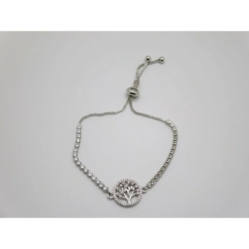 Cubic Zirconia Tree Of Life Adjustable Bolo Bracelet in Fine‎ Silver Plate $75